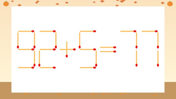 【マッチ棒クイズ】1本だけ動かして正しい式に：92+5=77？の問題画像