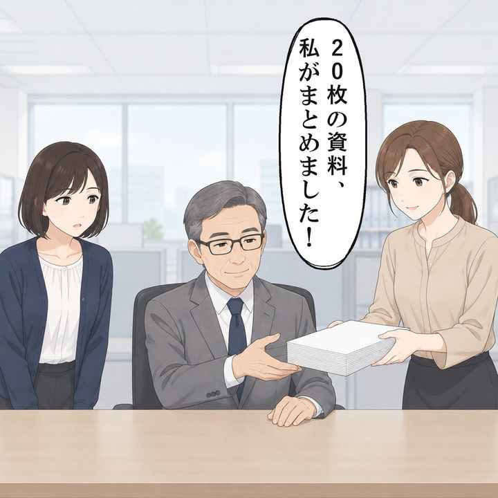 先輩は課長の前で、私が作った資料を自分の成果として報告しました
