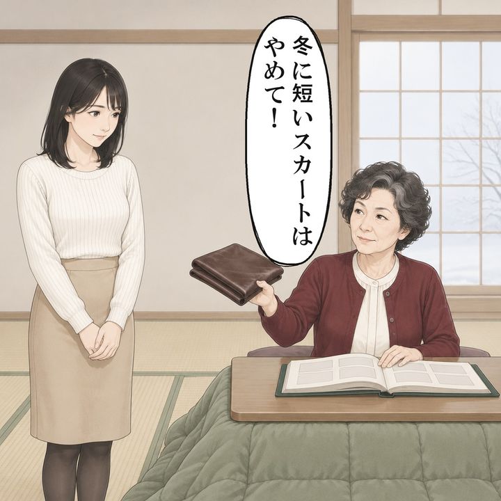 義母は短いスカートを咎め、若い頃の革のスカートを出しました