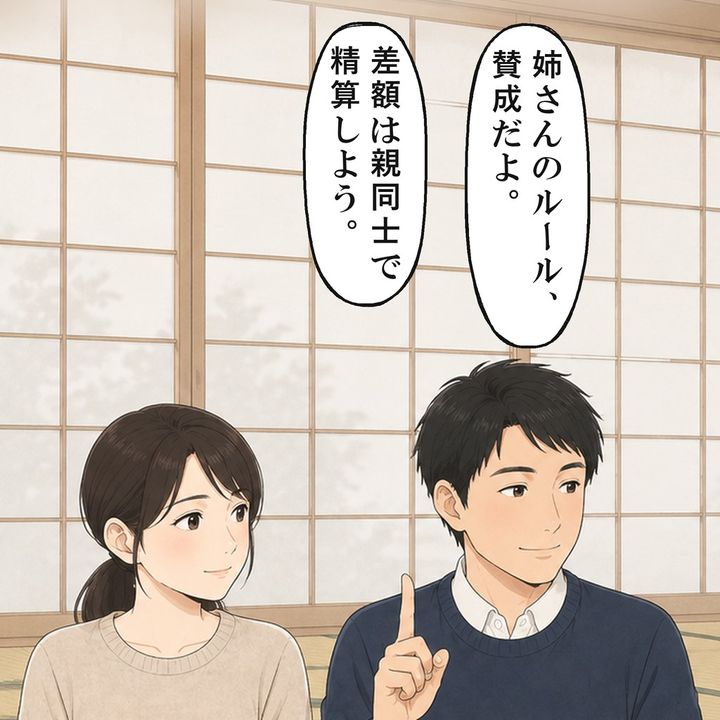 夫はルールに賛成し、差額は親同士で精算しようと言いました