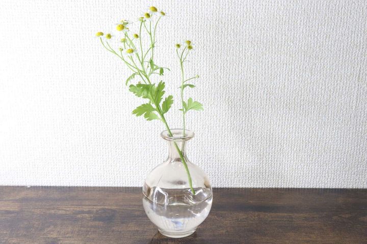 ブラウンの花瓶に水を入れて黄色い小さな花を飾っている様子