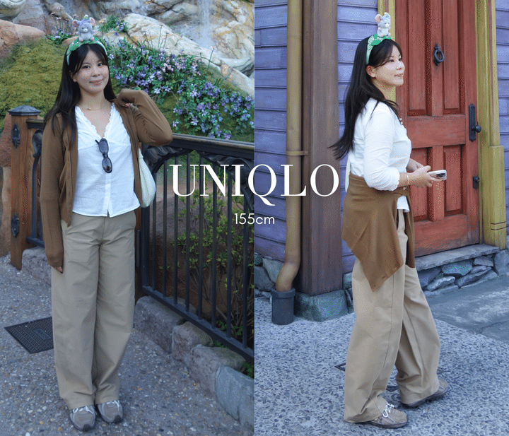 オールUNIQLO(ユニクロ) で揃えた秋のブラウンコーデ、バレルレッグパンツ、メリノウールカーディガン着用画像