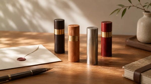 いつものネーム印に高級感をプラスする64チタンと天然木の外装ジャケット4種先行発売！名入れ刻印にも対応