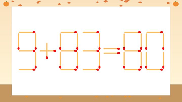 【マッチ棒クイズ】1本だけ動かして正しい式に：9+83=80？の問題画像