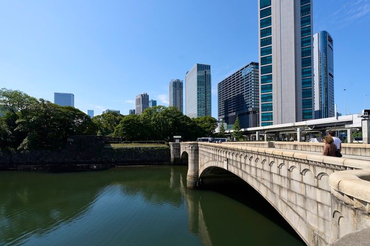 庭園の入り口へと続く、堀に架かる大手門橋