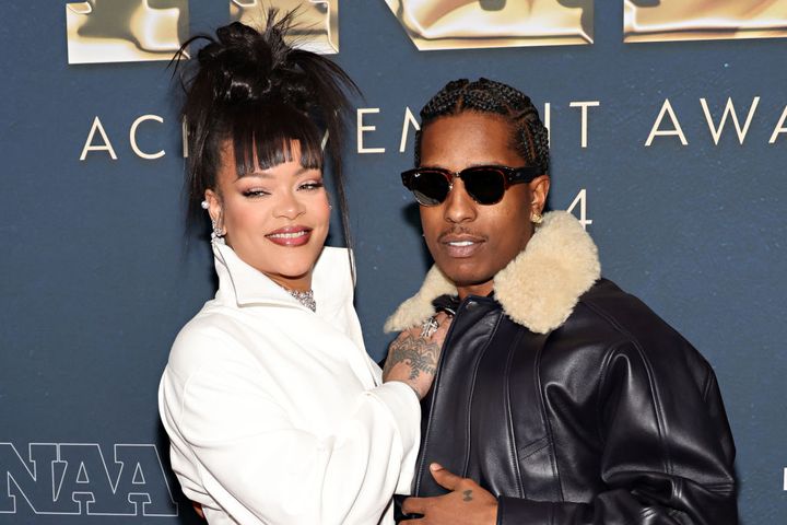 NEW YORK, NEW YORK - DECEMBER 04: (L-R) Rihanna and A$AP Rocky attend the 38th Annual Footwear News Achievement Awards at Cipriani South Street on December 04, 2024 in New York City. (Photo by Cindy Ord/WireImage)
