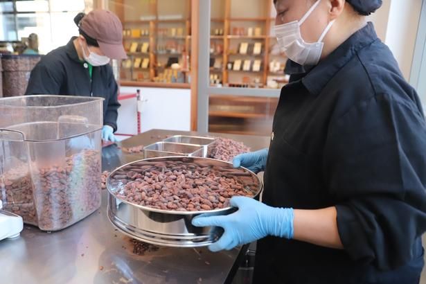カカオ豆の選別作業の様子。世界各地から麻袋に入って届いたカカオ豆の中には、金属や小石が混ざっていることもあるという。これらのほかに欠けた豆なども、手作業で取り除いていく
