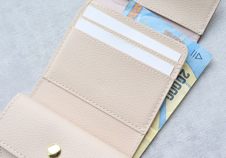 ミニ財布の札入れ部分に1万円札とカードが収納されている様子