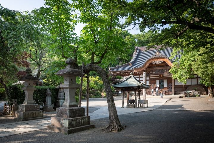 新緑の深大寺境内と本殿。石灯籠には元三大師の名があり。木の柱には「空、風、火、水、地」と梵字で書かれている