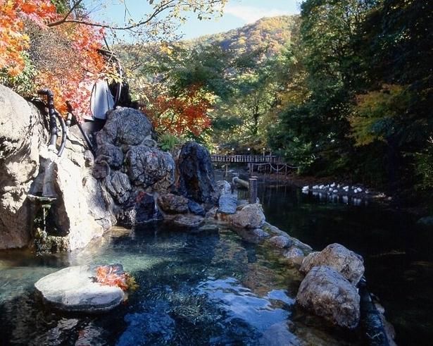 温泉に浸かりながら秋色に染まった渓谷を味わえる/湯西川温泉(平家の里)の紅葉 画像提供：(一社)日光市観光協会