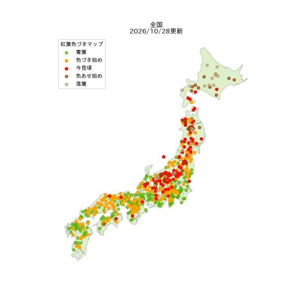 全国の2026年紅葉見頃状況の分布図(2026年10月28日現在)