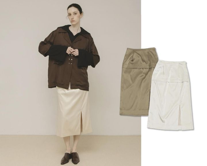 画像: glossy midi skirt（クリーム、モス）各¥15,400（ともにラート） 出典：ラート
