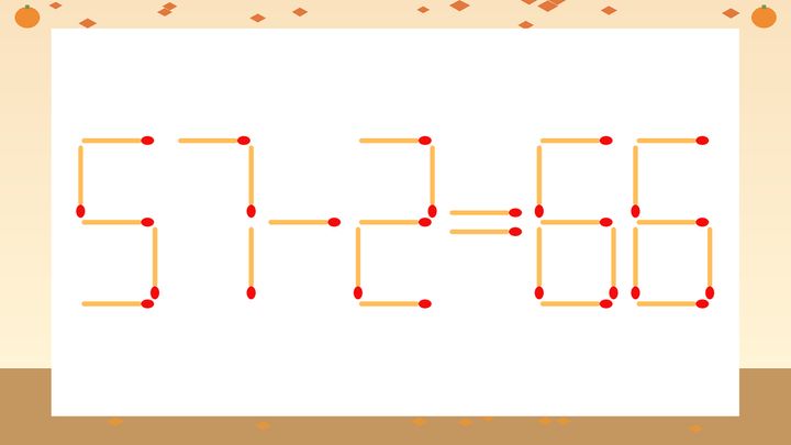 【マッチ棒クイズ】1本だけ動かして正しい式に：57-2=66？の問題画像