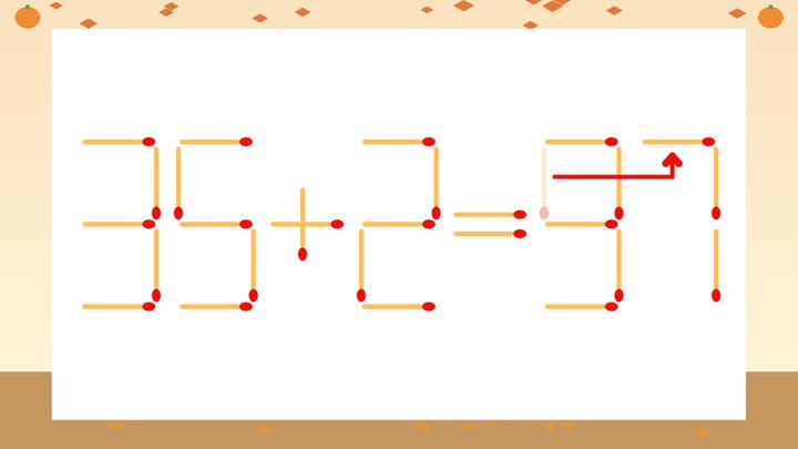 【マッチ棒クイズ】1本だけ動かして正しい式に：35+2=91？の解答画像