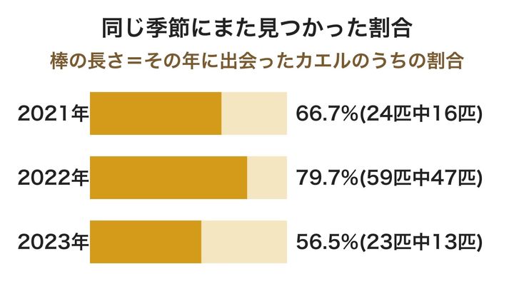 3回の雨季(繁殖の季節)ごとに、出会ったカエルのうち同じ季節に再び見つかった割合を比べた図です。薄い帯の全体がその年に出会ったカエル全部で、どの年も半分を超えています。