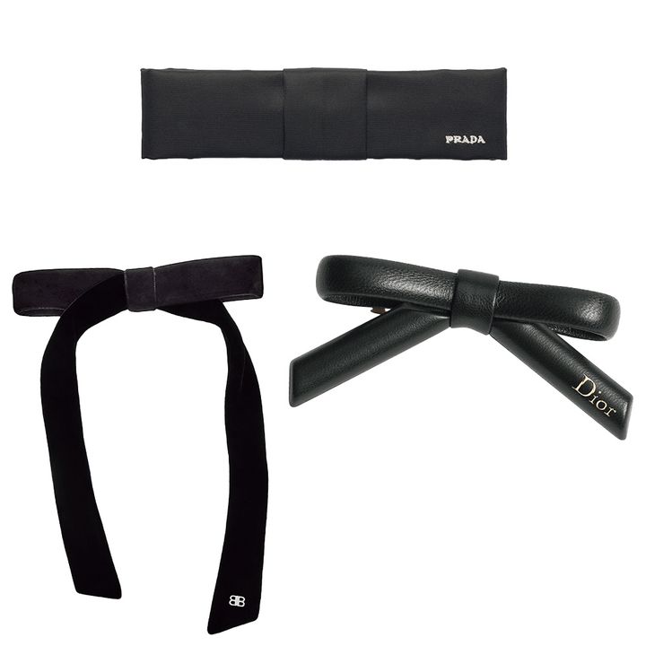 下右：バレッタ￥86,000／ディオール（クリスチャン ディオール）上：リナイロン ヘアクリップ￥50,600（予定価格）／プラダ（プラダ クライアントサービス）下左：Holli スリムヘアリボン￥81,400／バレンシアガ（バレンシアガ クライアントサービス）