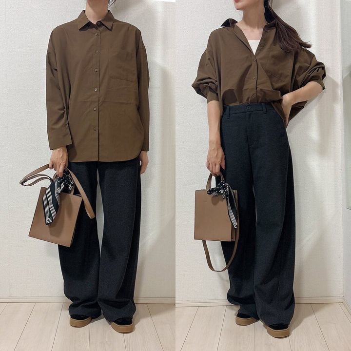 ブラウンのシャツにダークグレーのパンツを合わせた全身コーディネート