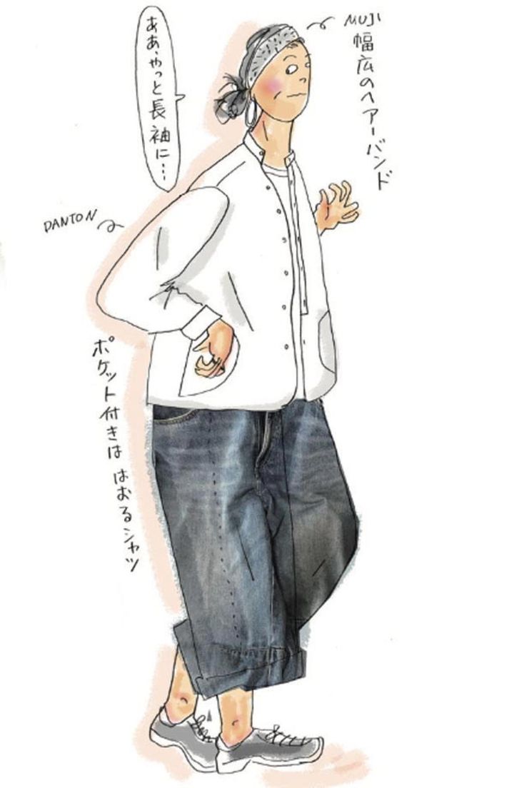 T シャツに白シャツは何も考えたくないとき用の組み合わせ。幅広のヘアーバンドでちょっとのアクセントを。帽子よりお手軽