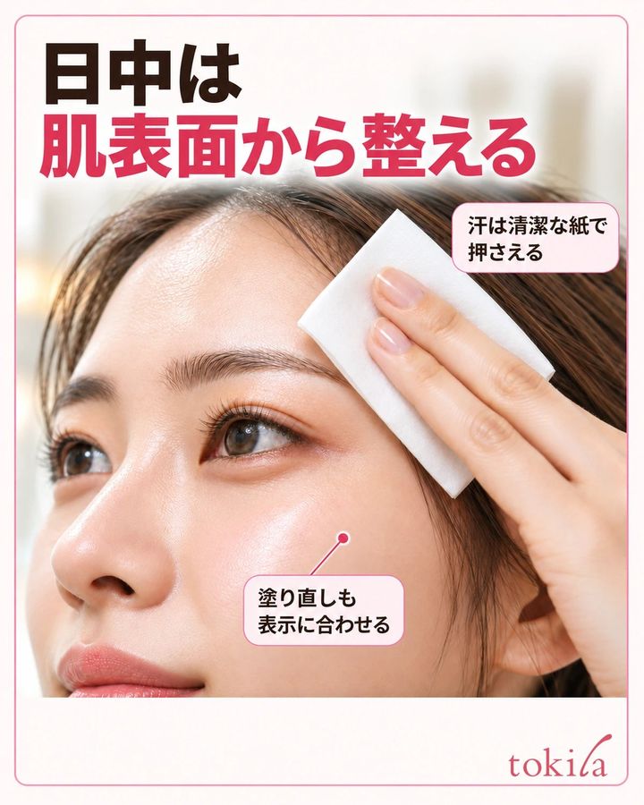 日中は肌表面から整える。汗は清潔な紙で押さえる。