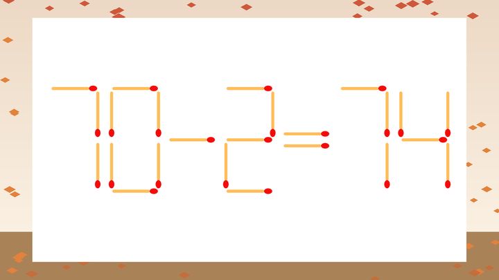 【マッチ棒クイズ】1本だけ動かして正しい式に：70-2=74？の問題画像