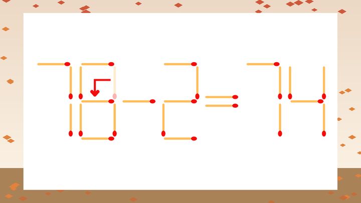 【マッチ棒クイズ】1本だけ動かして正しい式に：70-2=74？の解答画像