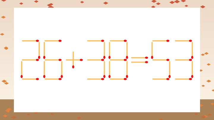 【マッチ棒クイズ】1本だけ動かして正しい式に：26+38=53？の問題画像