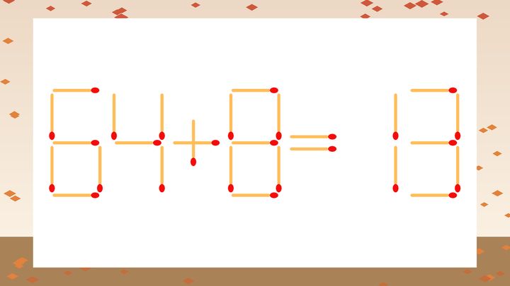 【マッチ棒クイズ】1本だけ動かして正しい式に：64+8=13？の問題画像